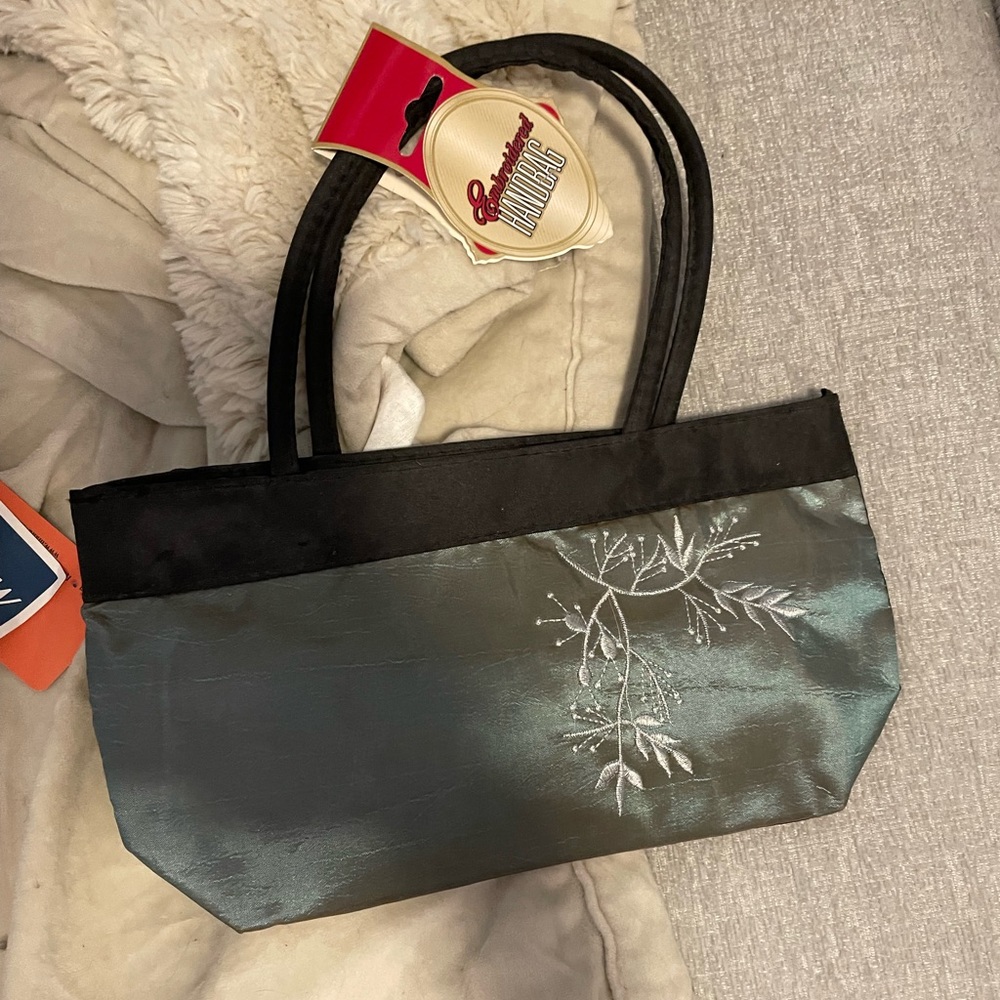 NWT grey and black embroidered small hand bag